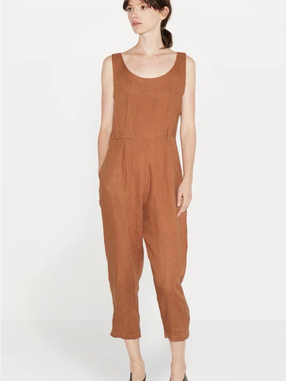 Black Crane Sleeveless Rust Linen Jumpsuit with Pockets